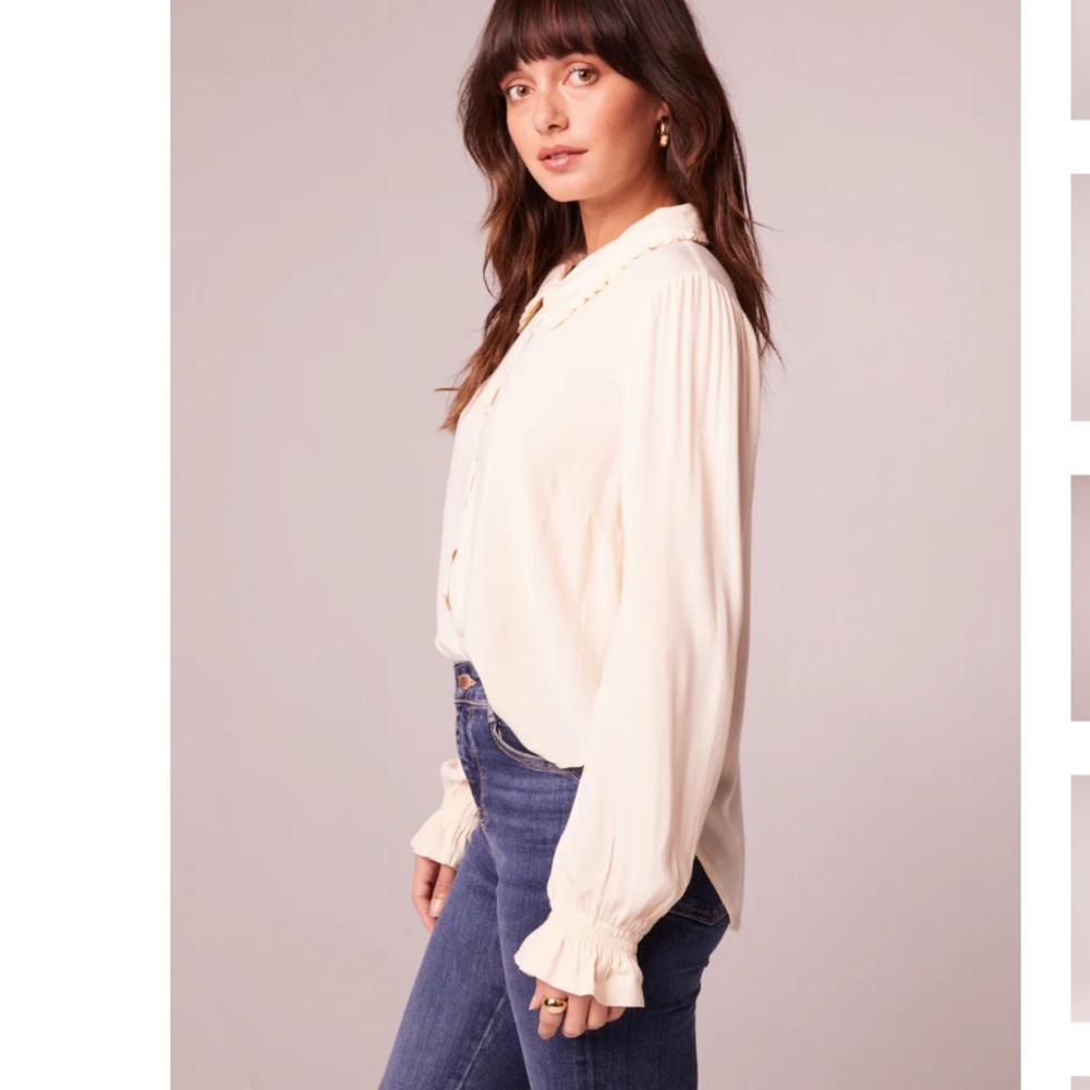 Band of The Free Denise Cream Ruffle Collar Top Button Up Smocked Cuffed Sleeves